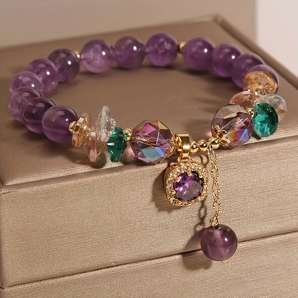 Women’s Amethyst Bead Bracelet with Cubic Zirconia – Elegant Everyday Jewelry Gift goobingoo