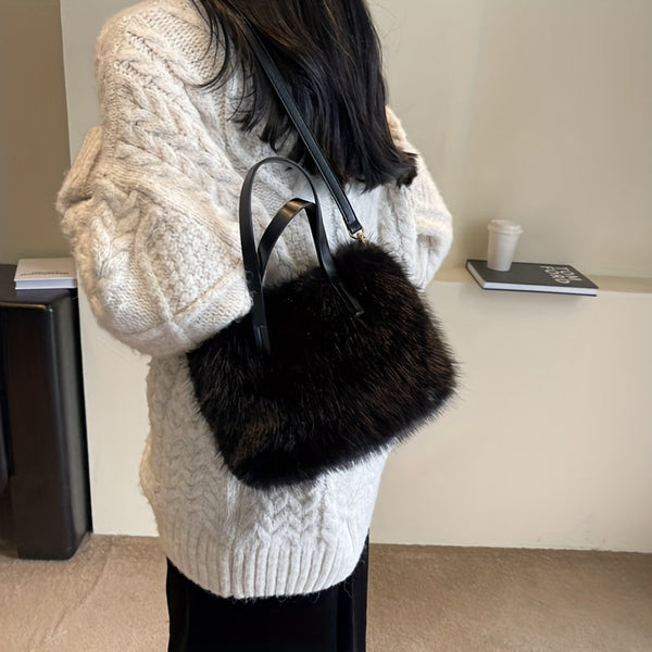 Ladies Faux Straw Handbag – Luxury Fluffy Tote & Crossbody Bag with Gold Hardware goobingoo