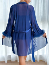 European & American Women’s Sexy Lace Nightgown – Elegant Halter Dress with Mesh Outer Robe, Solid Color Homewear Set