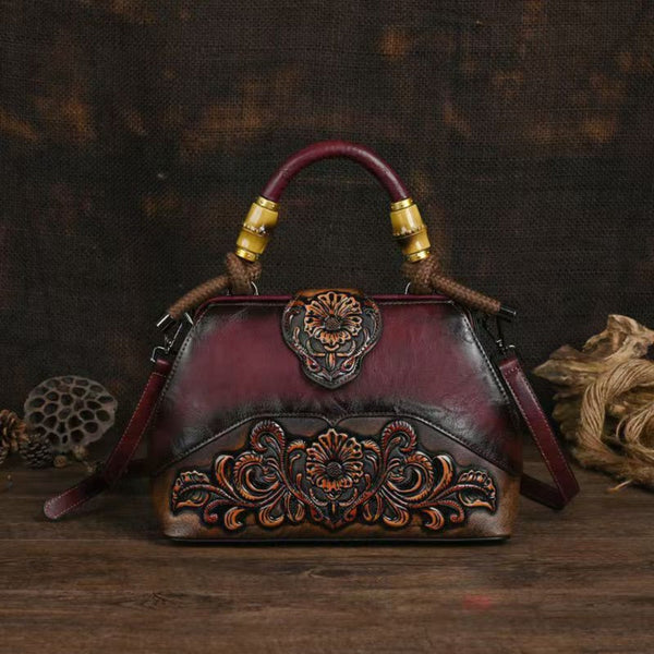 Women’s Carved Flower Bamboo Handbag – Retro Pattern Messenger Bag with Removable Shoulder Strap, Elegant Daily Casual Bag goobingoo