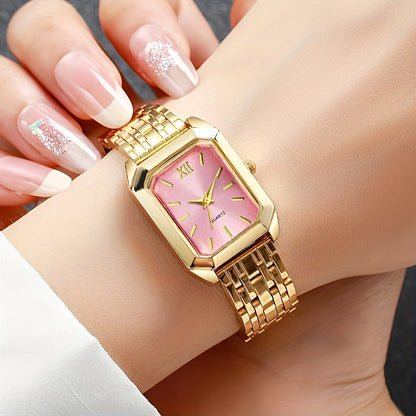 Elegant 5 pcs Women's Fashion Quartz Square Watch + New Square Shiny Necklace, Ring, Earrings Jewelry Set, Birthday, Christmas, New Year, Gift for Friends, Suitable for Daily Wear. goobingoo