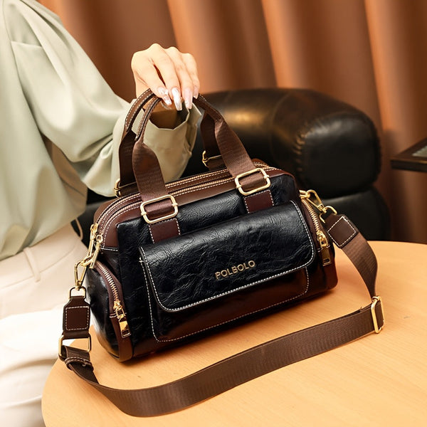 Women’s Retro Boston Crossbody Bag – Adjustable Strap & Built-In Handles, Multi-Compartment Synthetic Handbag with Golden Hardware, Zipper Closure for Work, Travel & Everyday Use goobingoo