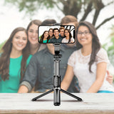 40" retractable selfie stick tripod with wireless remote and 360° rotation. Stable anti-shake design ideal for travel, vlogs, live streaming, iPhone & Android.
