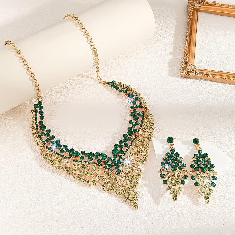 Green Necklace and Earrings Set for Women - Evening Wear Accessories, Fashionable Minimalist Jewelry Set goobingoo