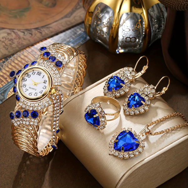 5pcs Women’s Luxury Quartz Watch & Jewelry Set – Rhinestone Strap Watch with Necklace, Earrings & Ring, Elegant Gift for Mother’s Day, Christmas & Birthdays goobingoo