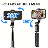 40" retractable selfie stick tripod with wireless remote and 360° rotation. Stable anti-shake design ideal for travel, vlogs, live streaming, iPhone & Android.