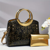 Golden Floral Wedding Handbag - Black Clutch with Removable Strap