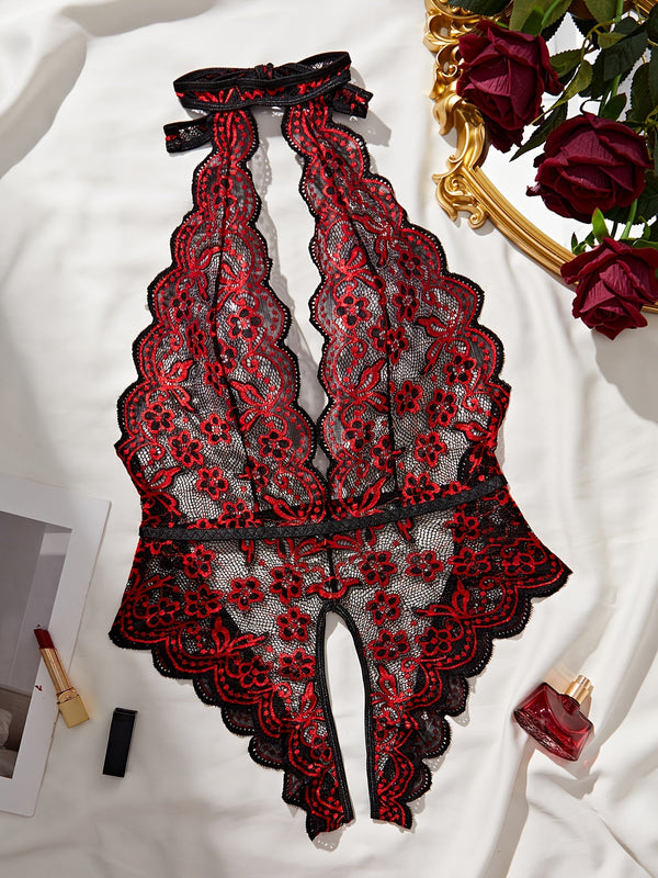 Halter Neck Lace Lingerie Bodysuit – Color-Block Design, Backless, Crotchless, Bedroom & Party Wear goobingoo