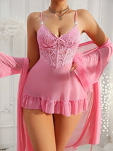 European & American Women’s Sexy Lace Nightgown – Elegant Halter Dress with Mesh Outer Robe, Solid Color Homewear Set