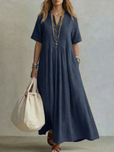 goobingoo Women's V-Neck Pleated Cotton Linen Dress