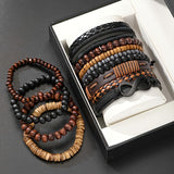 13-Piece Wooden Bead & Leather Bracelet Set