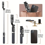 40" retractable selfie stick tripod with wireless remote and 360° rotation. Stable anti-shake design ideal for travel, vlogs, live streaming, iPhone & Android.