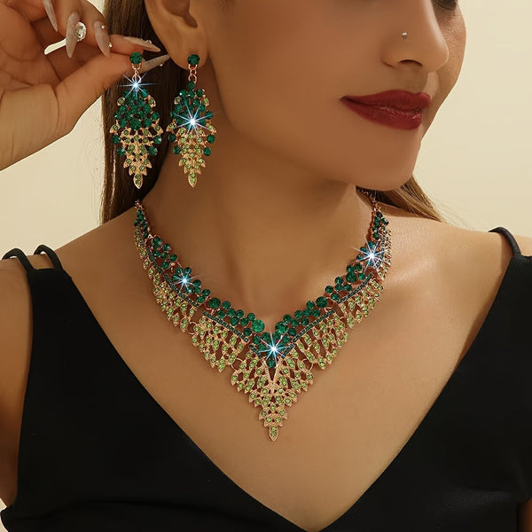 Green Necklace and Earrings Set for Women - Evening Wear Accessories, Fashionable Minimalist Jewelry Set goobingoo