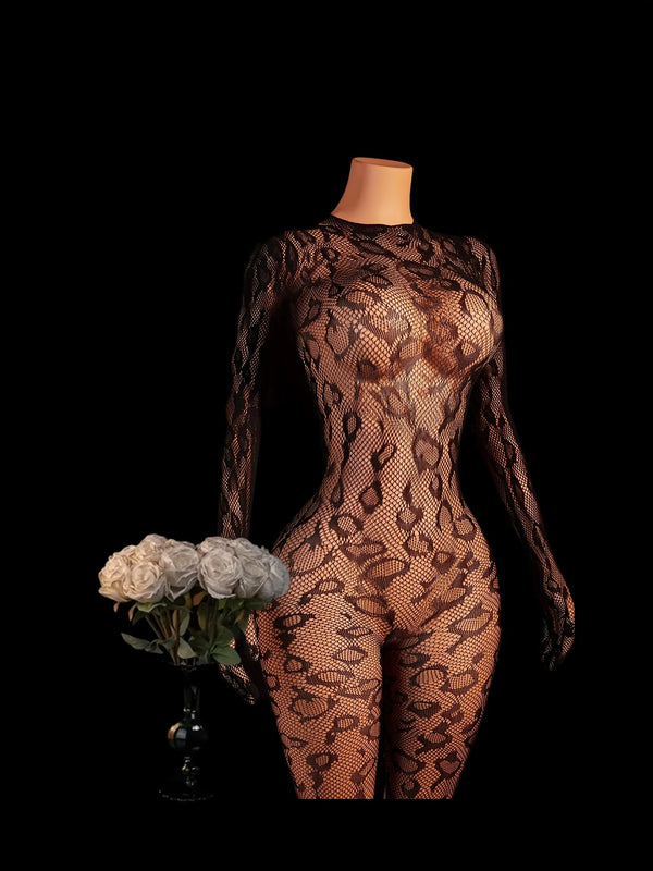 Women’s Hollow-Out Leopard Bodysuit Set with Sheer Stockings – Backless Lingerie for Romantic Evenings & Theme Parties goobingoo