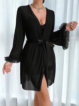 European & American Women’s Sexy Lace Nightgown – Elegant Halter Dress with Mesh Outer Robe, Solid Color Homewear Set