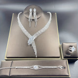 Women’s 4pcs Imitation Crystal Jewelry Set – V-Style Tassel Necklace, Dangle Earrings, Bracelet & Ring, Retro Elegant Party Accessories
