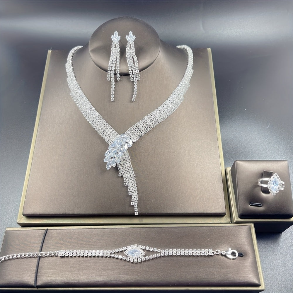 Women’s 4pcs Imitation Crystal Jewelry Set – V-Style Tassel Necklace, Dangle Earrings, Bracelet & Ring, Retro Elegant Party Accessories goobingoo