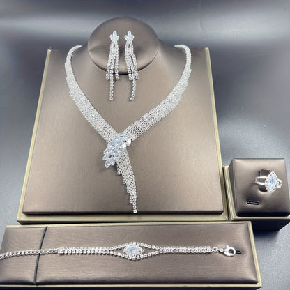Women’s 4pcs Imitation Crystal Jewelry Set – V-Style Tassel Necklace, Dangle Earrings, Bracelet & Ring, Retro Elegant Party Accessories goobingoo