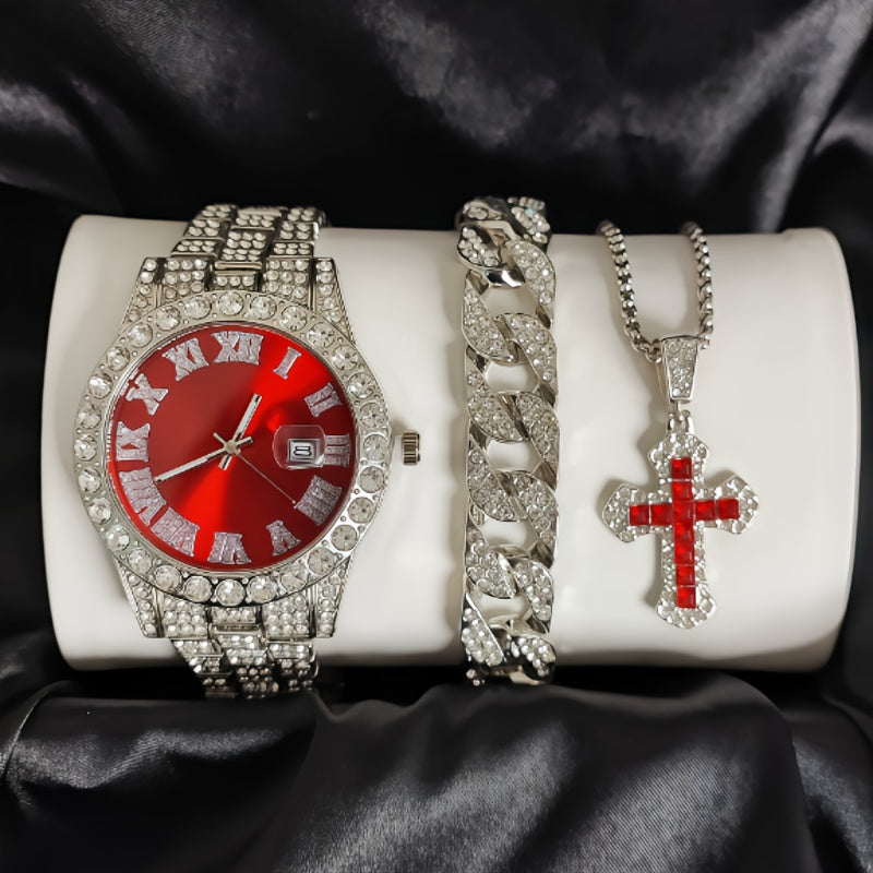 Men’s Luxury Quartz Watch Set – Silver Roman Numeral Rhinestone Watch, Cross Necklace & Bracelet goobingoo