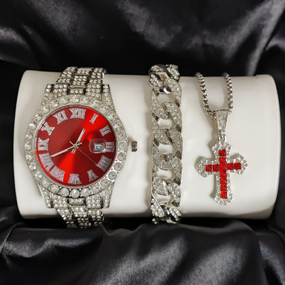 Men’s Luxury Quartz Watch Set – Silver Roman Numeral Rhinestone Watch, Cross Necklace & Bracelet goobingoo