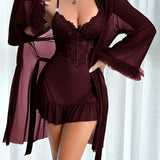 European & American Women’s Sexy Lace Nightgown – Elegant Halter Dress with Mesh Outer Robe, Solid Color Homewear Set