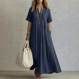 goobingoo Women's V-Neck Pleated Cotton Linen Dress