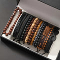 13-Piece Wooden Bead & Leather Bracelet Set