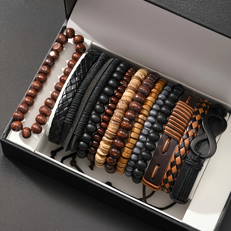 13-Piece Wooden Bead & Leather Bracelet Set