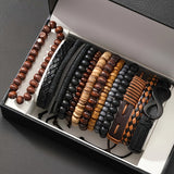 13-Piece Wooden Bead & Leather Bracelet Set