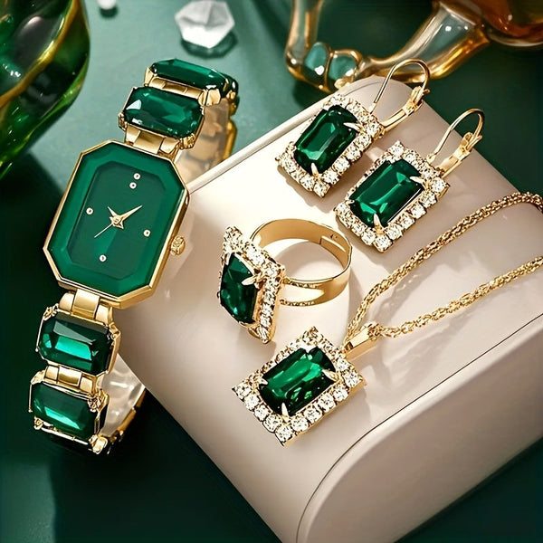 Women’s Jewelry & Watch Set, 5-Piece Green Gold Bracelet, Necklace, Earrings, Ring & Quartz Watch goobingoo