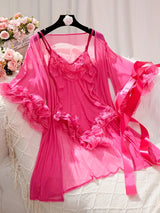 Women’s Sexy Lace See-Through Pajama Set – V-Neck with Flared Sleeves, Romantic Nightwear & Charming Homewear for Intimate Occasions