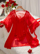 Women’s Sexy Lace See-Through Pajama Set – V-Neck with Flared Sleeves, Romantic Nightwear & Charming Homewear for Intimate Occasions