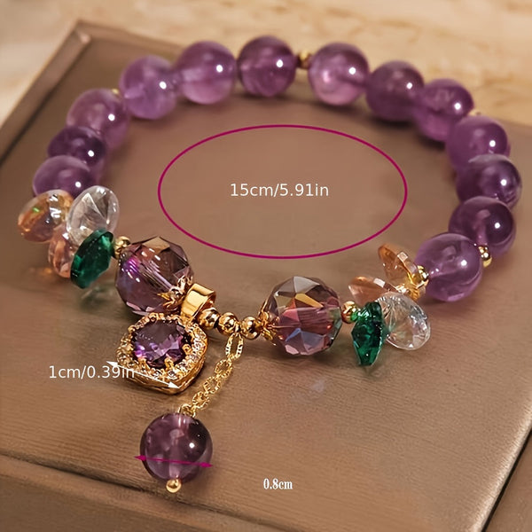 Women’s Amethyst Bead Bracelet with Cubic Zirconia – Elegant Everyday Jewelry Gift goobingoo