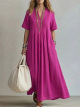 goobingoo Women's V-Neck Pleated Cotton Linen Dress
