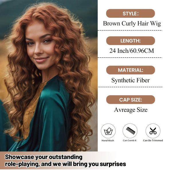 Women's Long Curly Wig – Voluminous Brown Waves with Natural Middle Part goobingoo