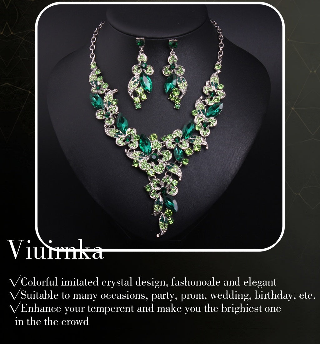 Viuirnka Green Floral Statement Necklace & Earrings Set for Women – Leaf & Flower Motif Jewelry for Weddings, Parties, Prom & Bridesmaid Gifts goobingoo