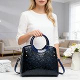 Women’s floral embossed handbag set with detachable, adjustable strap. Large capacity shoulder and tote bags for commuting, daily use, and stylish gifting.