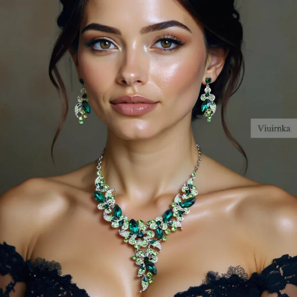 Viuirnka Green Floral Statement Necklace & Earrings Set for Women – Leaf & Flower Motif Jewelry for Weddings, Parties, Prom & Bridesmaid Gifts goobingoo