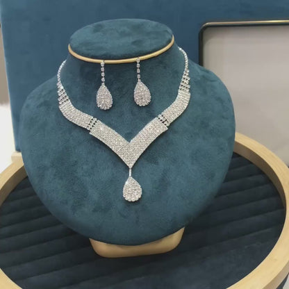 Rhinestone Teardrop Jewelry Set Necklace Earrings Wedding Bridal